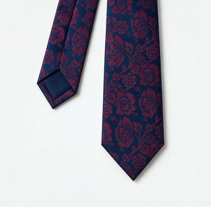 Navy Tie with Burgundy Floral Pattern – Turkish Made
