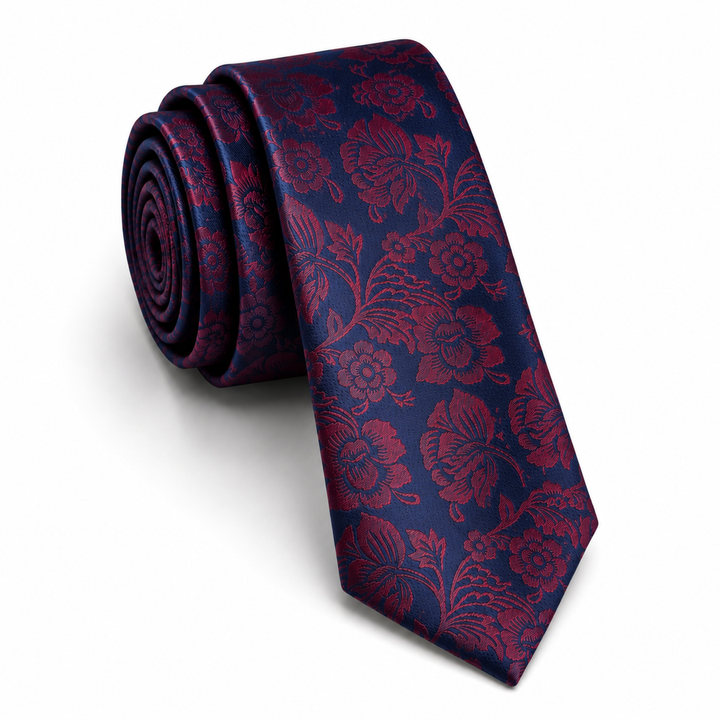 Navy Tie with Burgundy Floral Pattern – Turkish Made

