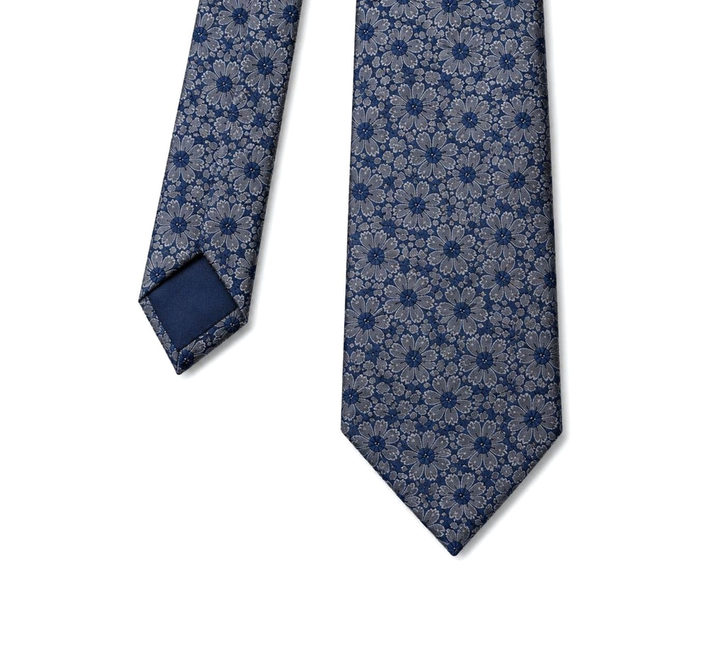 Navy Tie with Gray Floral Pattern – Turkish Made
