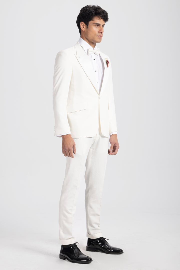 Off-White Linen Tuxedo Suit For Daytime Wedding Party-Turkish Made

