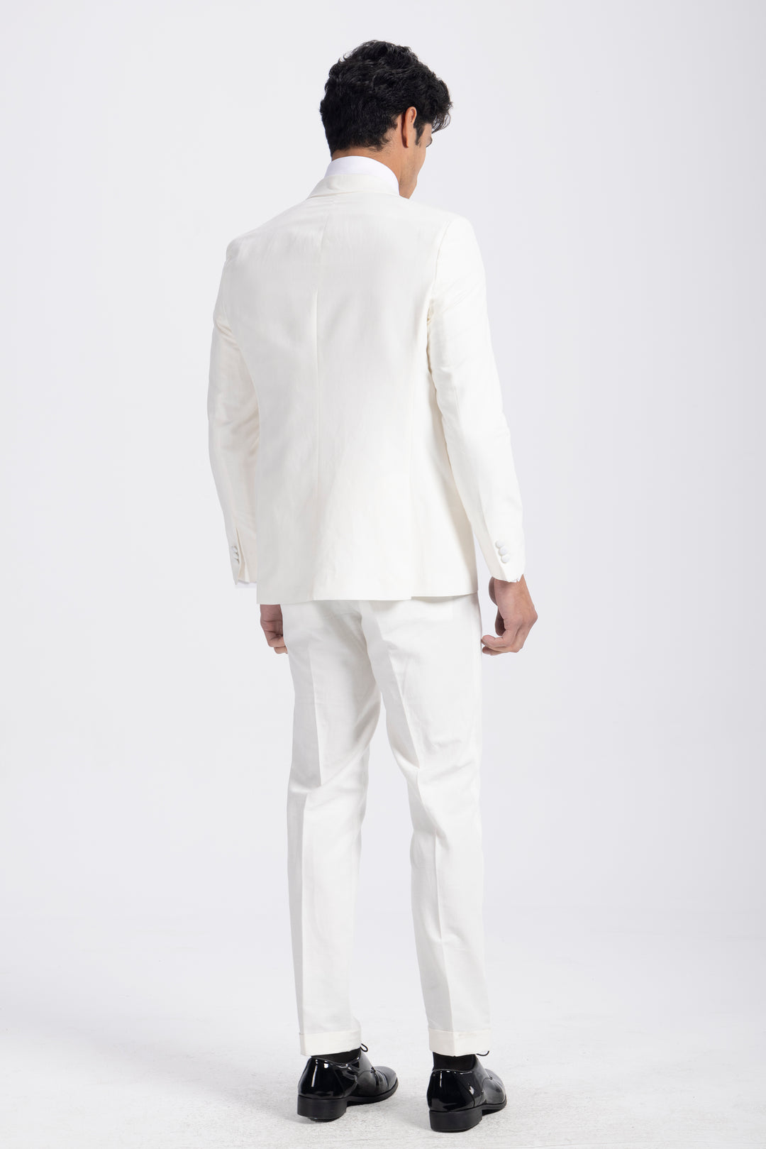 Off-White Linen Tuxedo Suit For Daytime Wedding Party-Turkish Made

