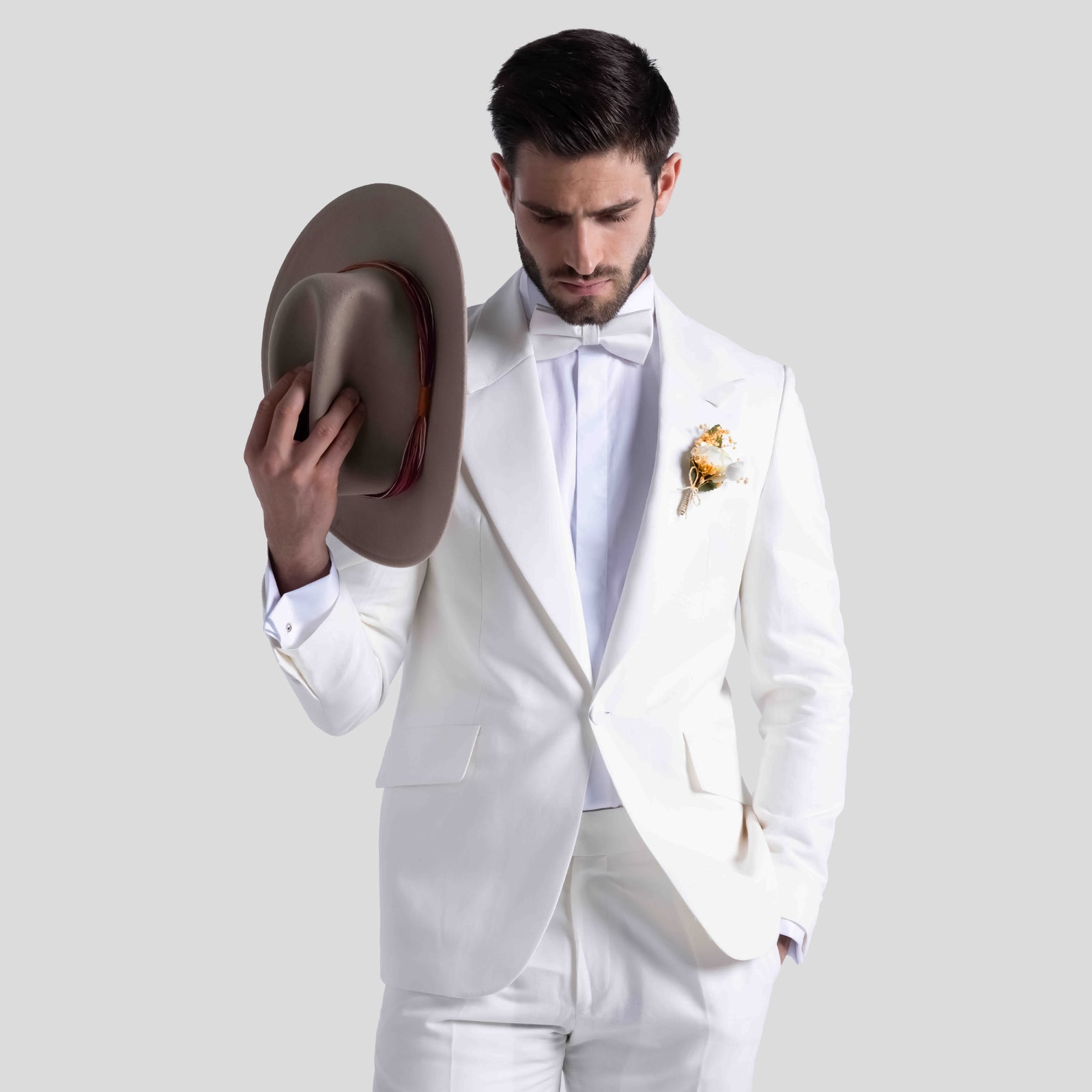 Off-White Linen Tuxedo Suit For Daytime Wedding Party-Turkish Made

