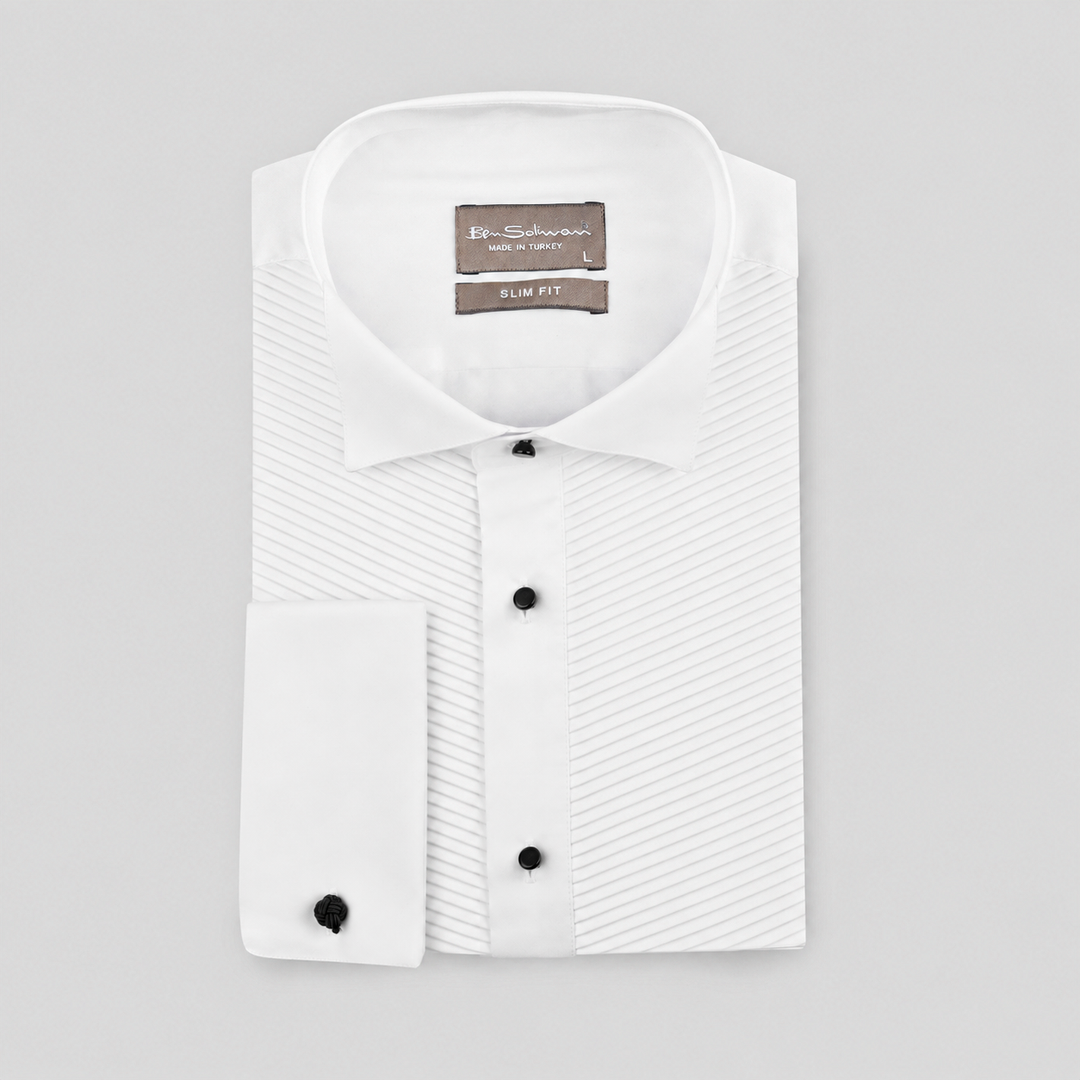 Slim Fit White Pleated Tuxedo Shirt-Turkish Made