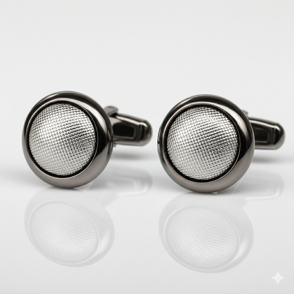 Silver circular cufflink with middel texture - Turkish made