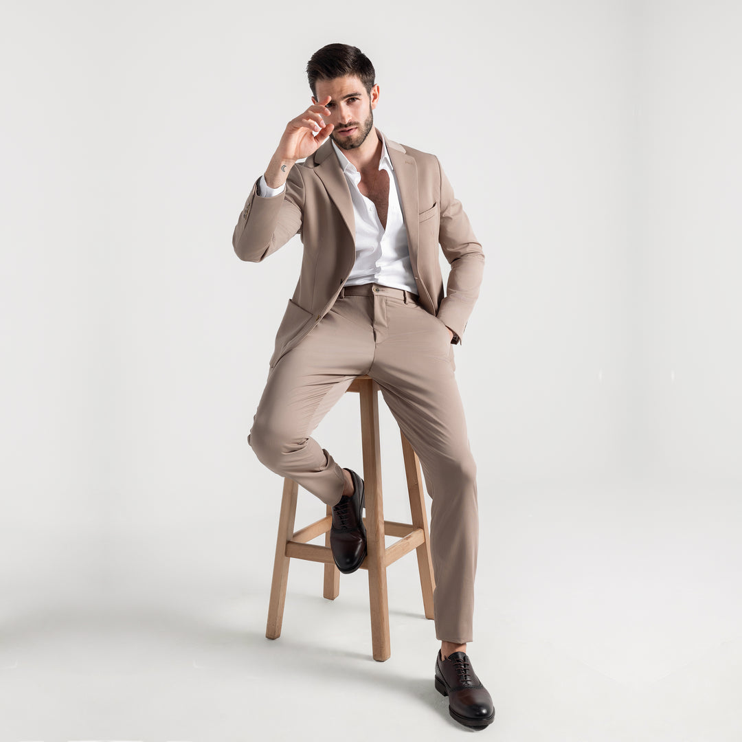 Slim Fit Beige Suit with zipper vest-Turkish Made