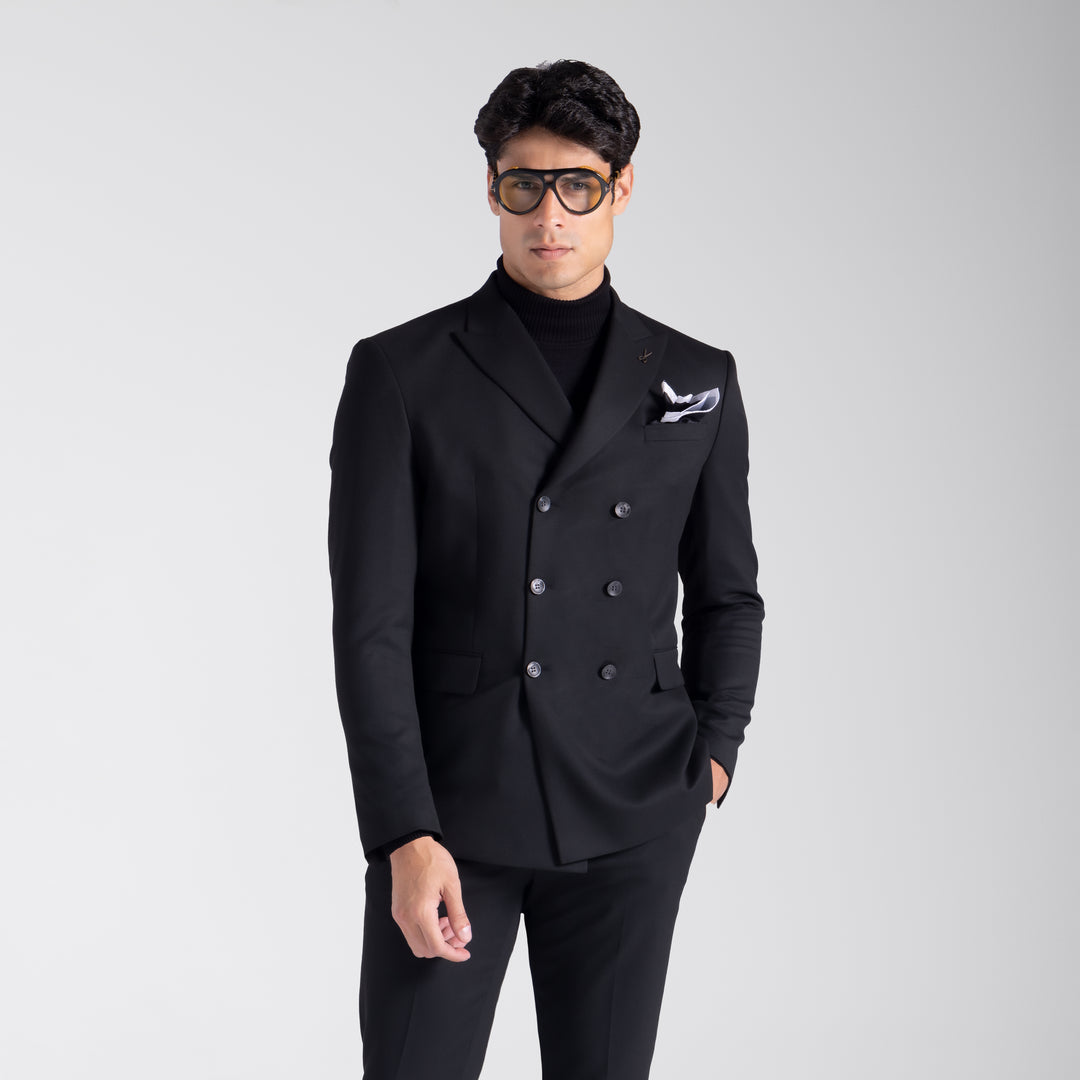 Slim Fit Black Double Breast Suit - Six Buttons Front-Turkish Made