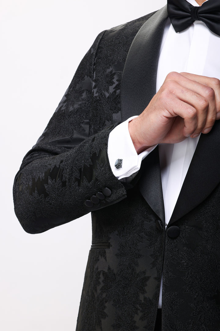 Slim Fit Black Floral Tuxedo Suit-Skawl lapel -Turkish Made