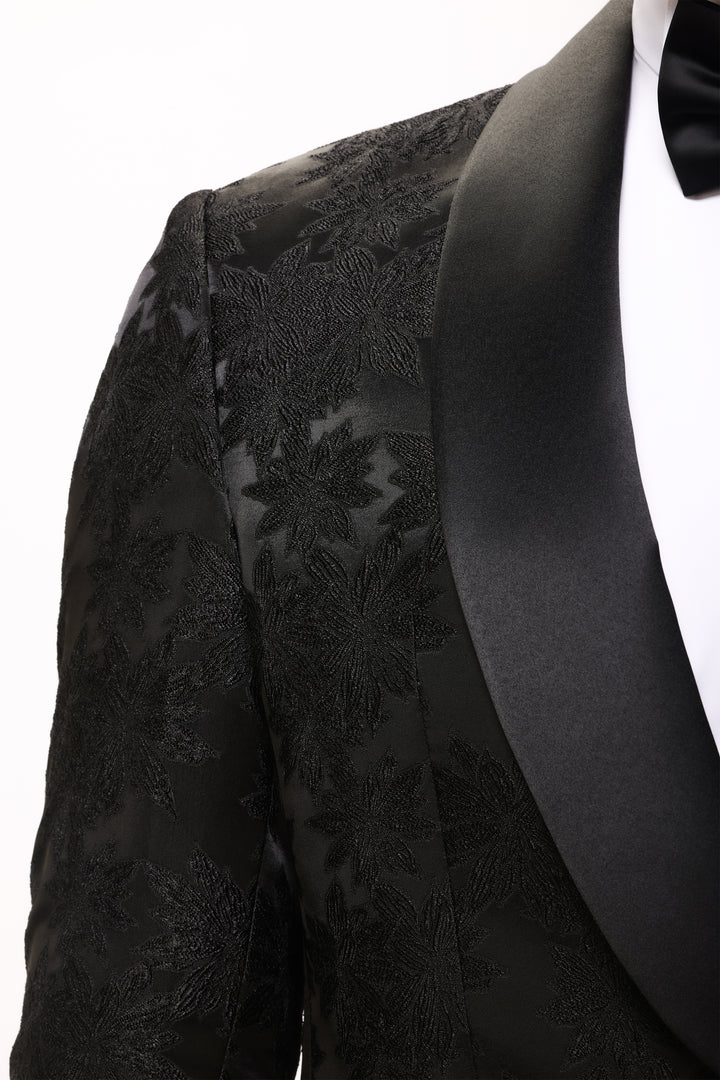Slim Fit Black Floral Tuxedo Suit-Skawl lapel -Turkish Made4