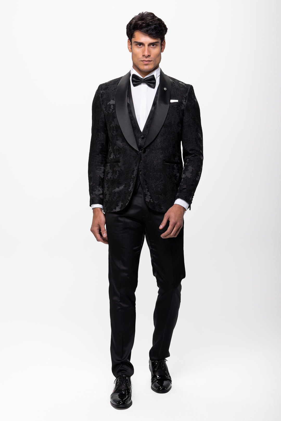 Slim Fit Black Floral Tuxedo Suit-Skawl lapel -Turkish Made