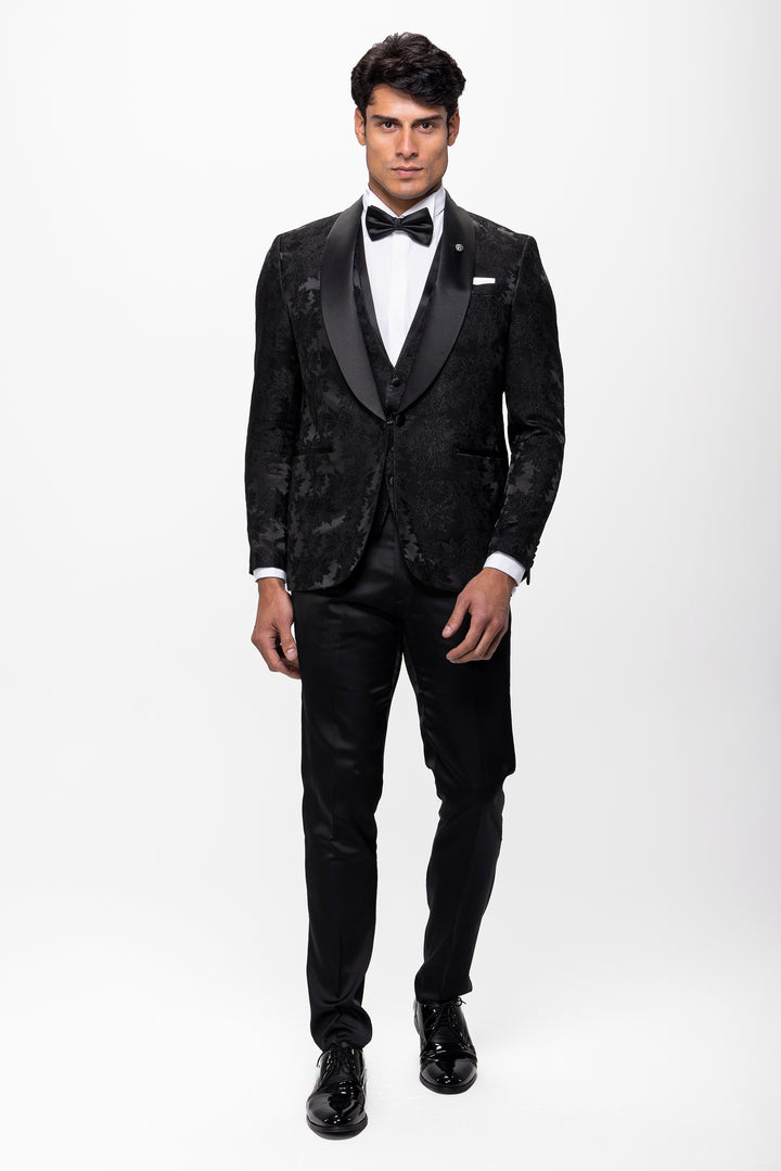 Slim Fit Black Floral Tuxedo Suit-Skawl lapel -Turkish Made