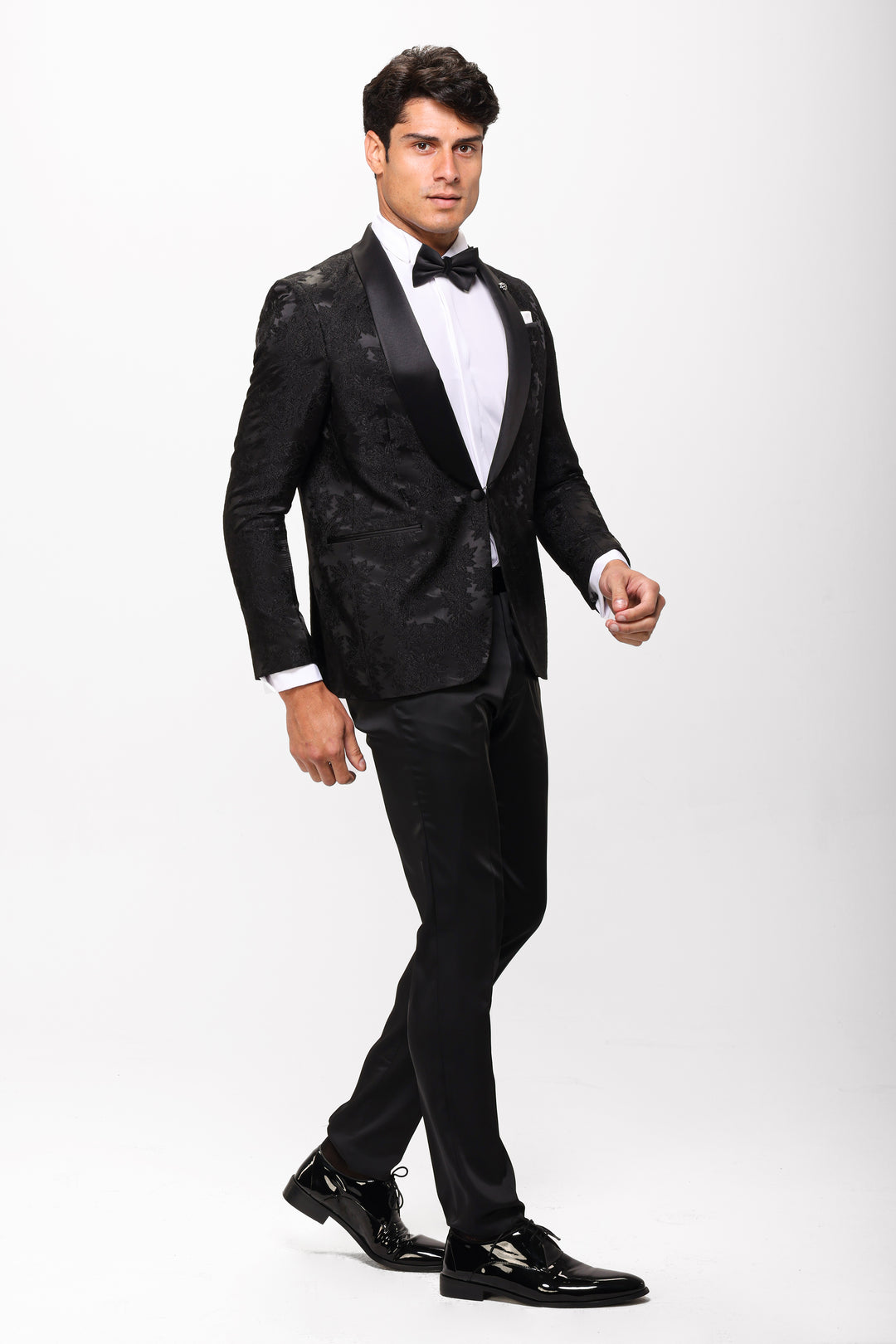 Slim Fit Black Floral Tuxedo Suit-Skawl lapel -Turkish Made