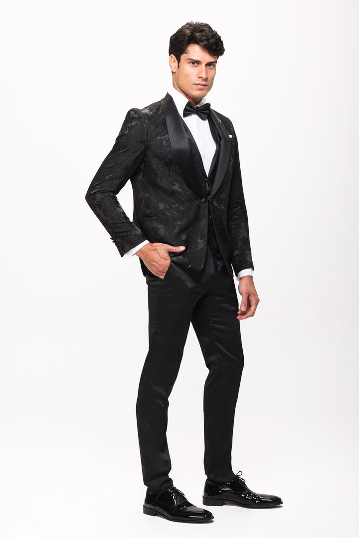 Slim Fit Black Floral Tuxedo Suit-Skawl lapel -Turkish Made