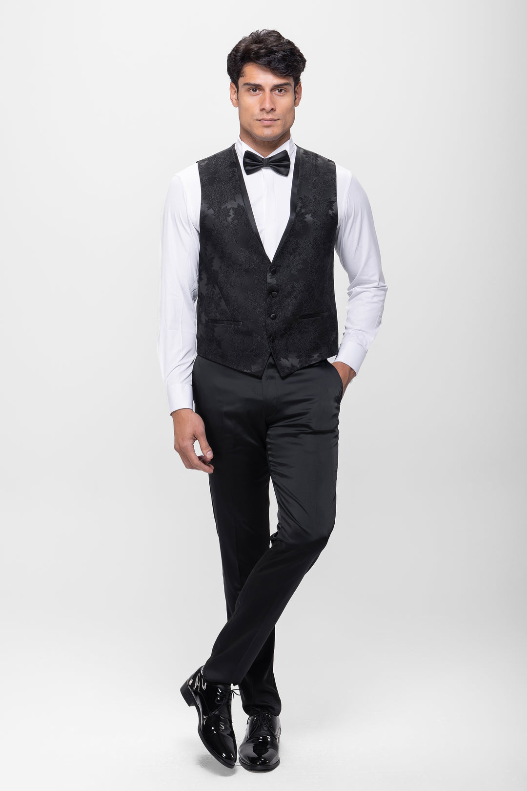 Slim Fit Black Floral Tuxedo Suit-Skawl lapel -Turkish Made