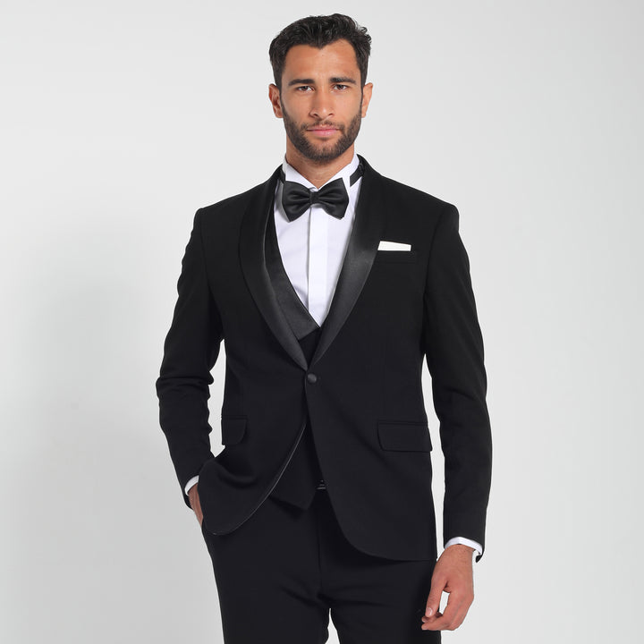 Slim Fit Black Tuxedo Suit -Satin Shawl Lapel-Turkish Made