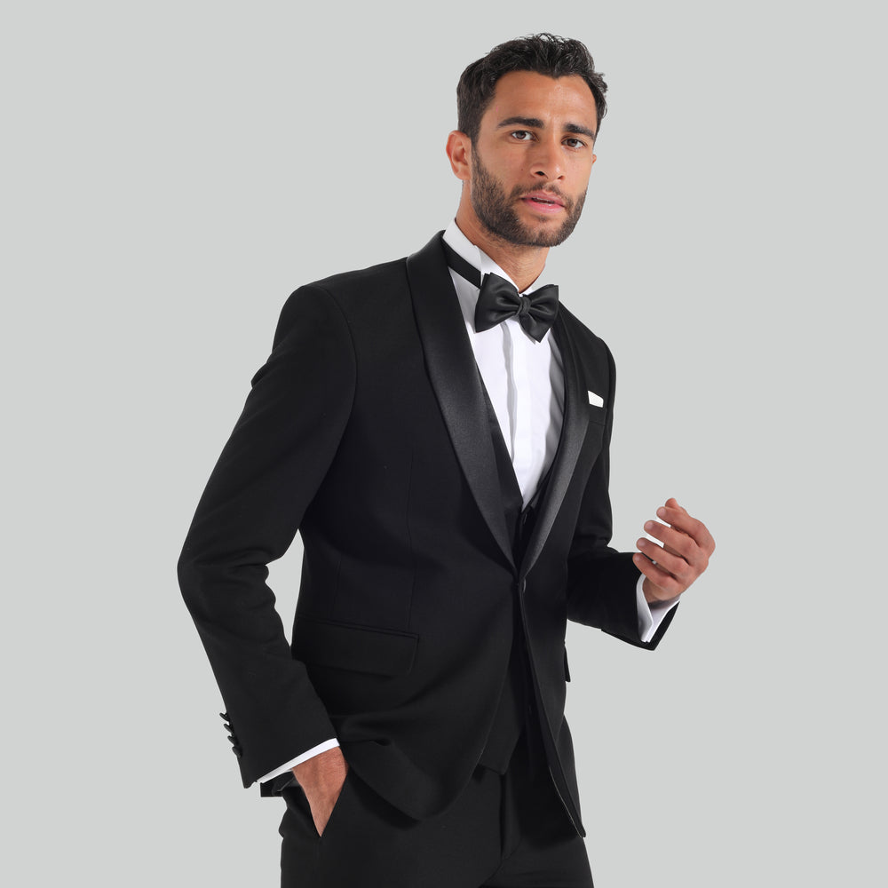 Slim Fit Black Tuxedo Suit -Satin Shawl Lapel-Turkish Made