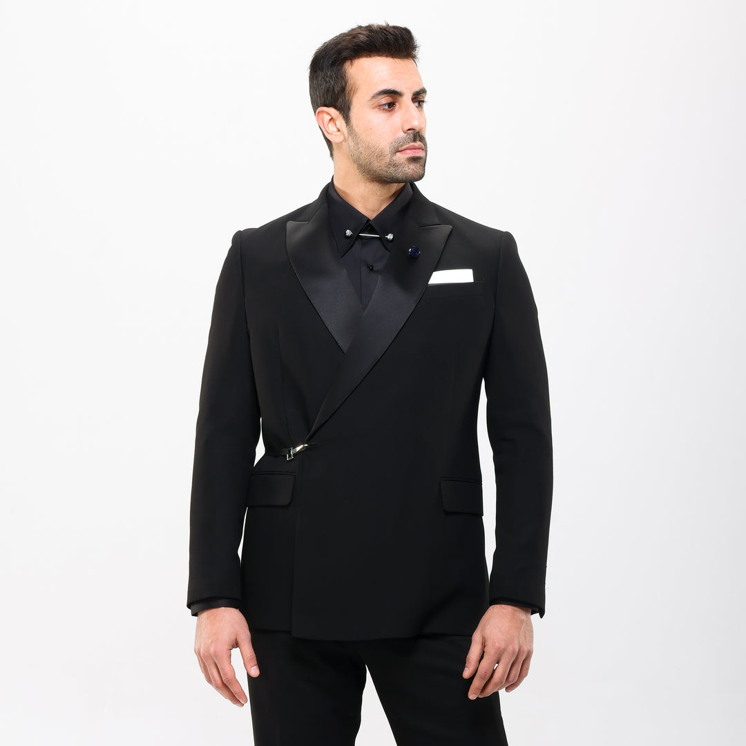 Slim Fit Black Tuxedo Suit - Satin Notch Lapel-Turkish Made

