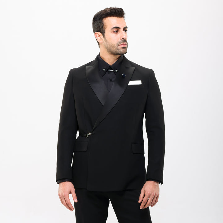 Slim Fit Black Tuxedo Suit - Satin Notch Lapel-Turkish Made

