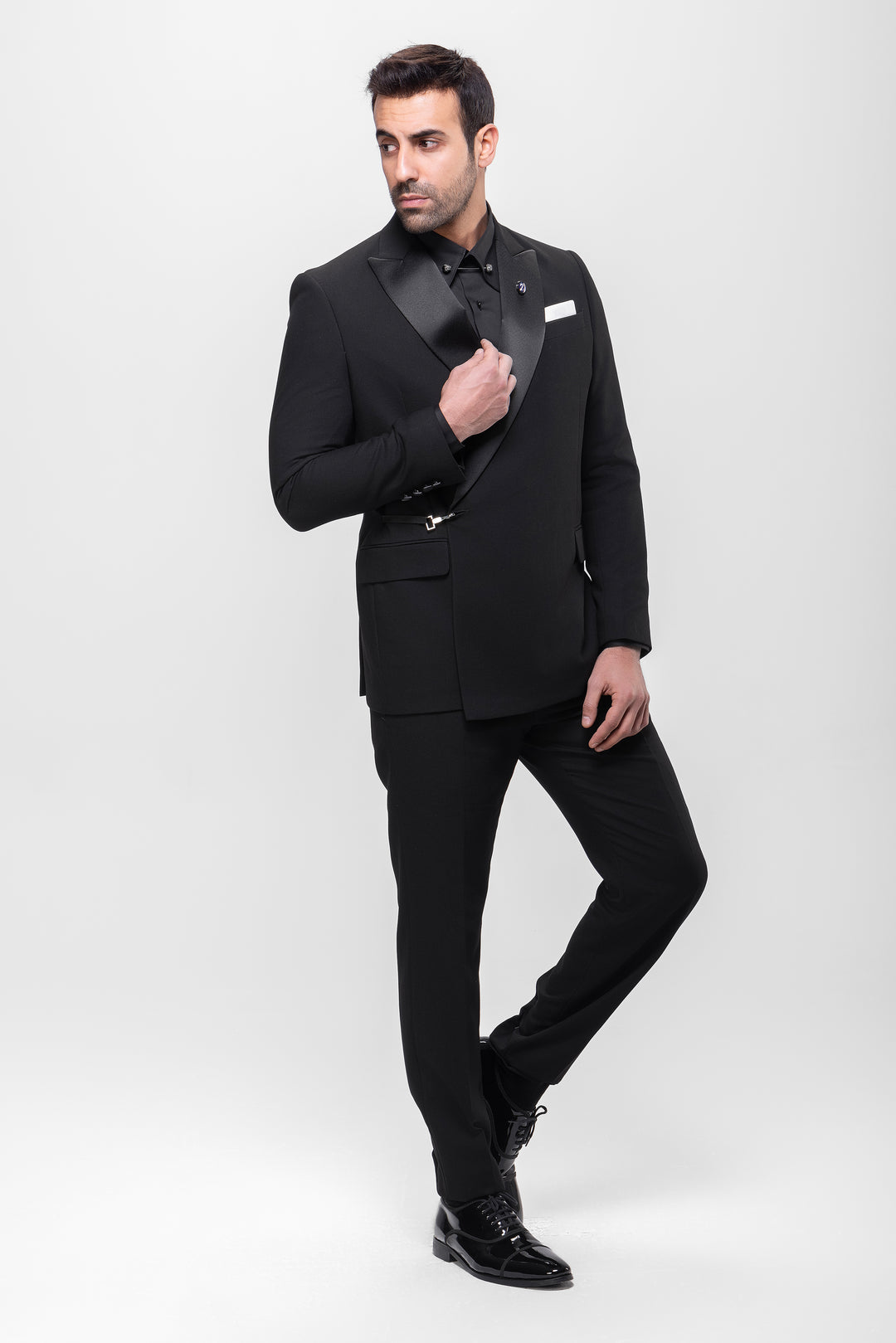 Slim Fit Black Tuxedo Suit - Satin Notch Lapel-Turkish Made

