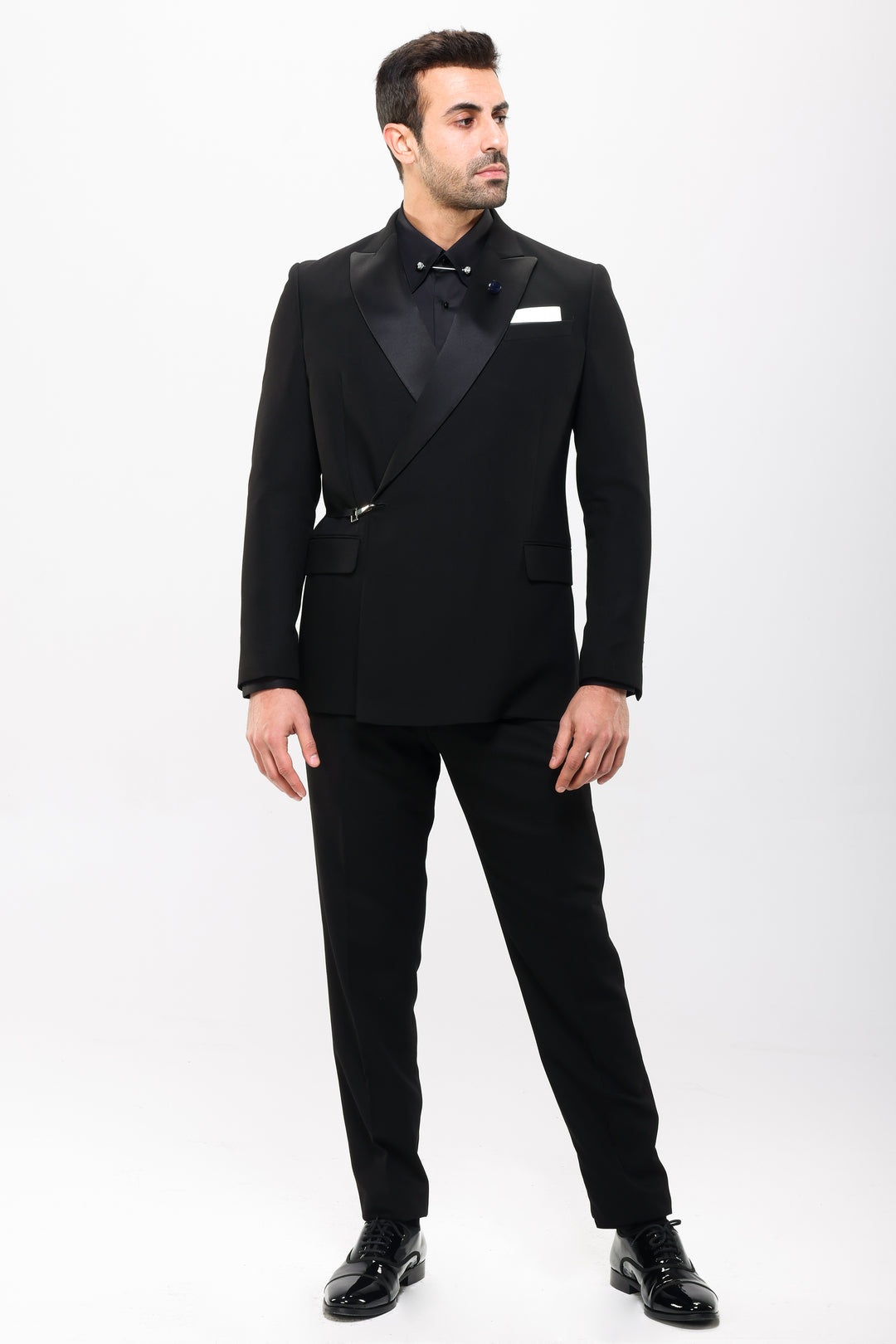 Slim Fit Black Tuxedo Suit - Satin Notch Lapel-Turkish Made

