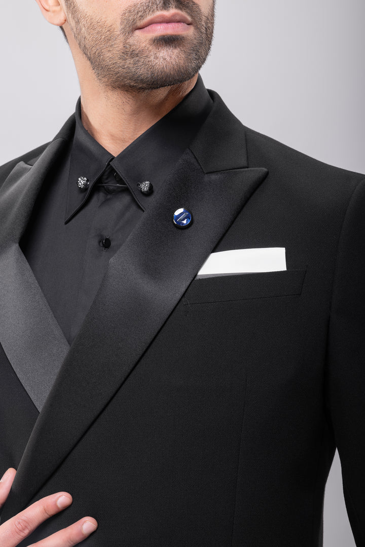 Slim Fit Black Tuxedo Suit - Satin Notch Lapel-Turkish Made

