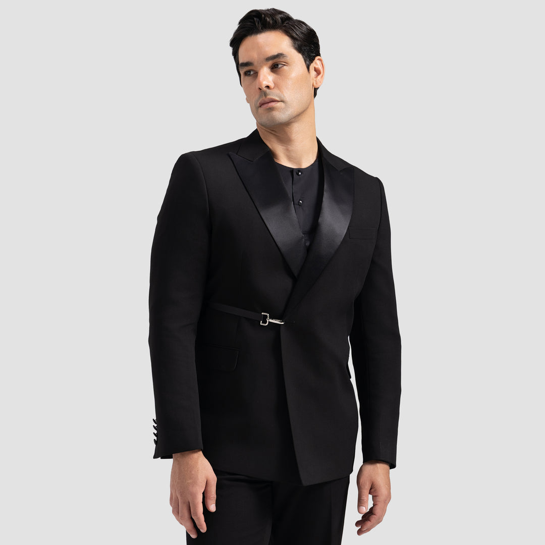Slim Fit Black Tuxedo Suit - Satin peak Lapel-Turkish Made