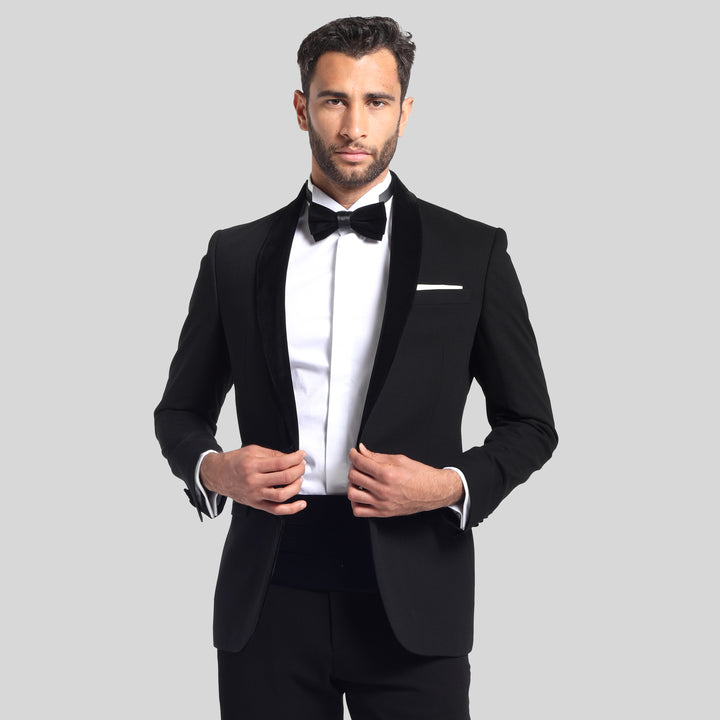 Slim Fit Black Tuxedo Suit - Velvet Lapel-Turkish Made
