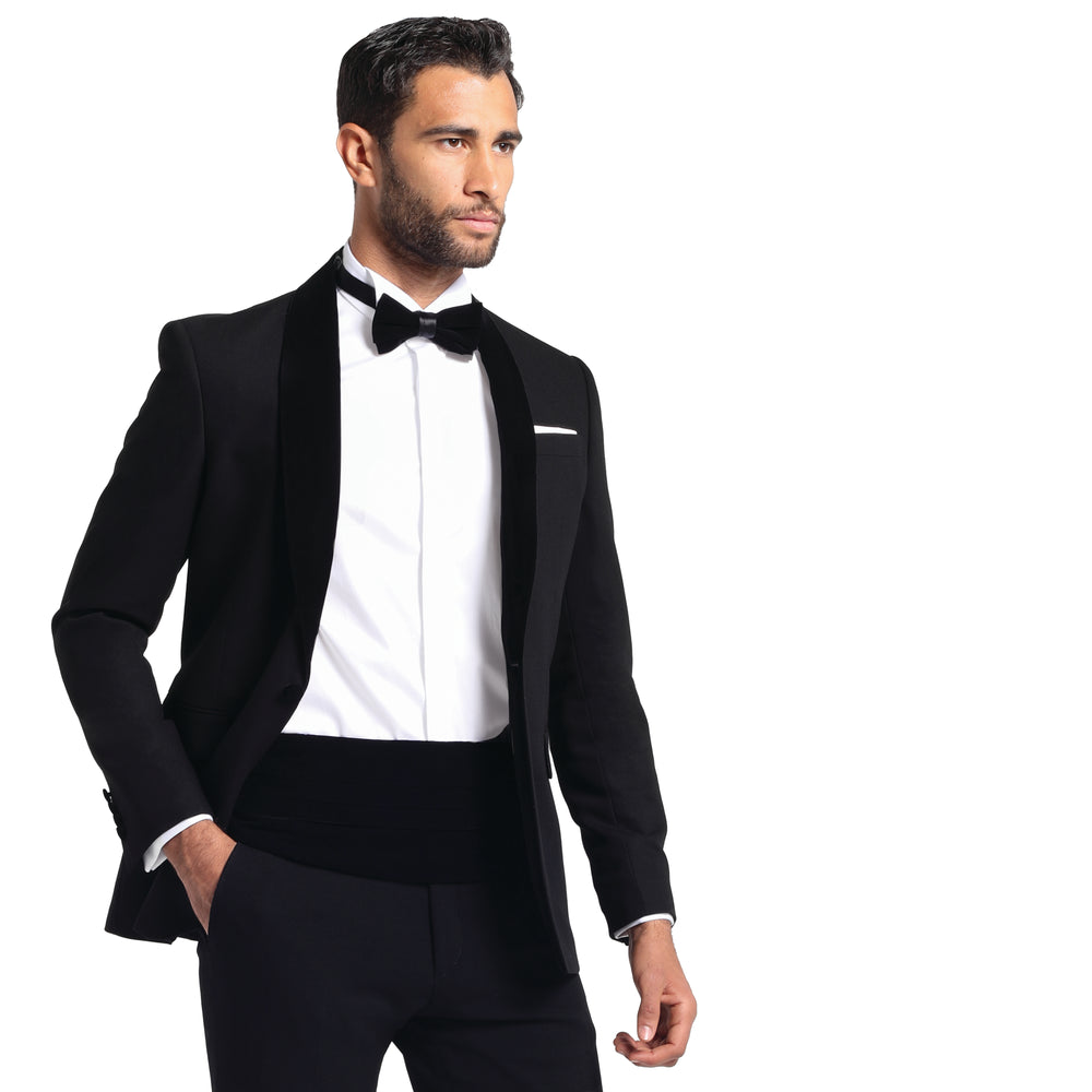 Slim Fit Black Tuxedo Suit - Velvet Lapel-Turkish Made