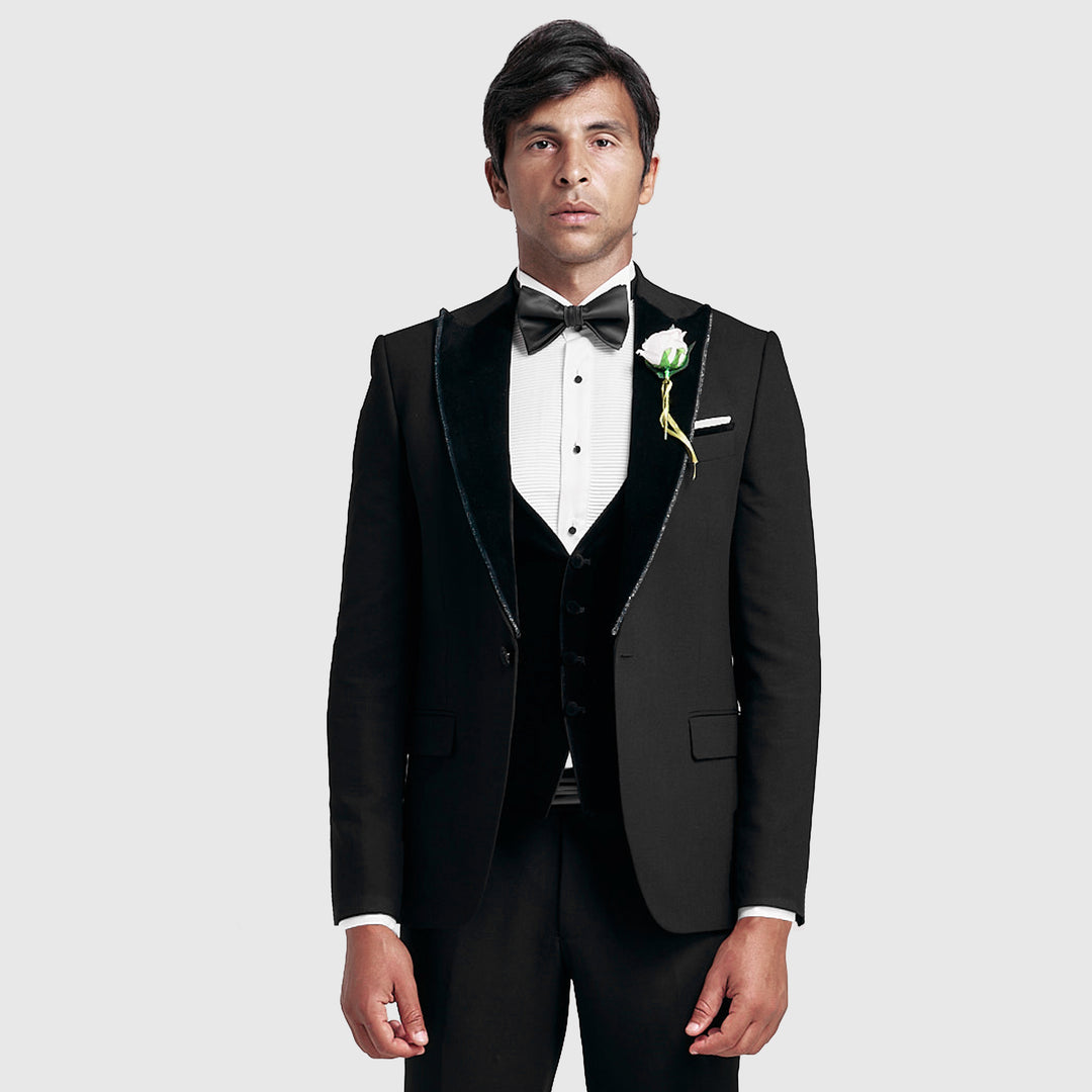 Slim Fit Black Tuxedo Suit - Velvet Notch Lapel-Turkish Made