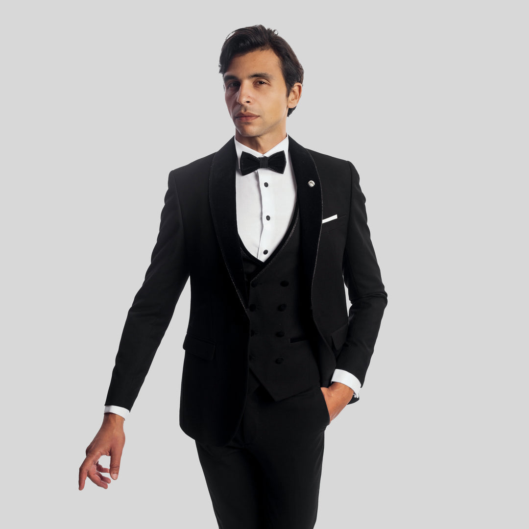 Slim Fit Black Tuxedo Suit - Velvet Shawl Lapel-Turkish Made