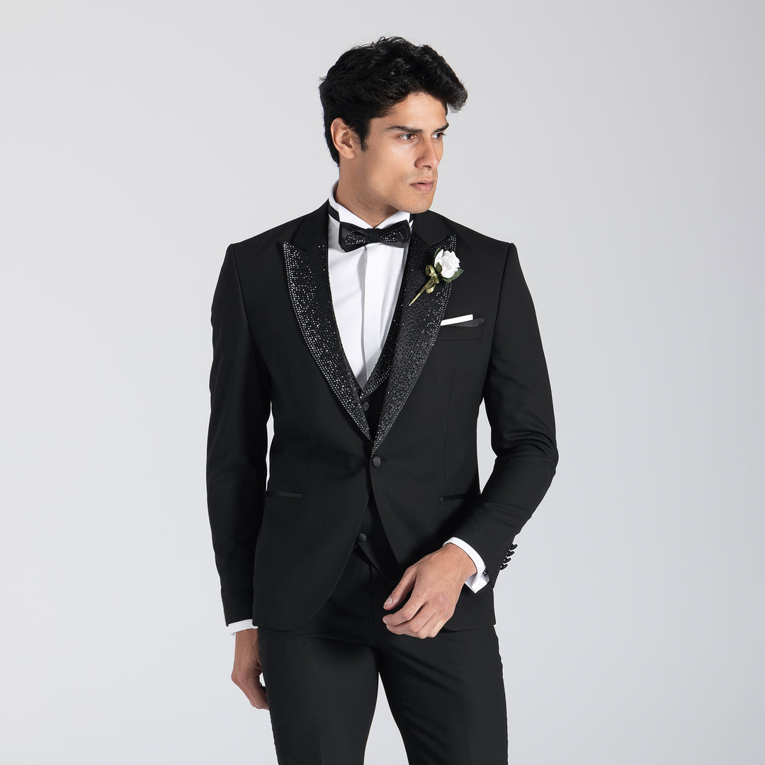 Slim Fit Black Tuxedo Suit With Lapel Full of Strass-Turkish Made