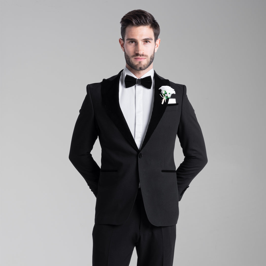 Slim Fit Black Wedding Suit - Notch Velvet Lapel-Turkish Made