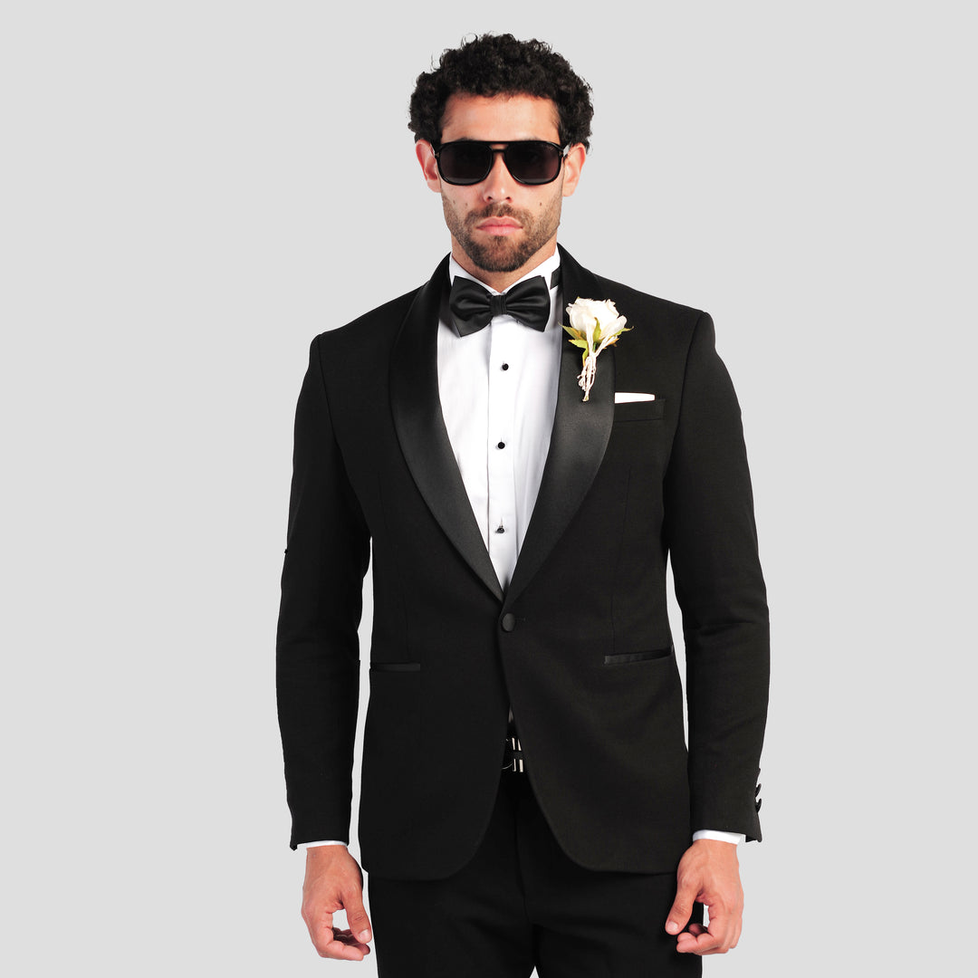 Slim Fit Black Wedding Suit - Satin Shawl Lapel-Turkish Made