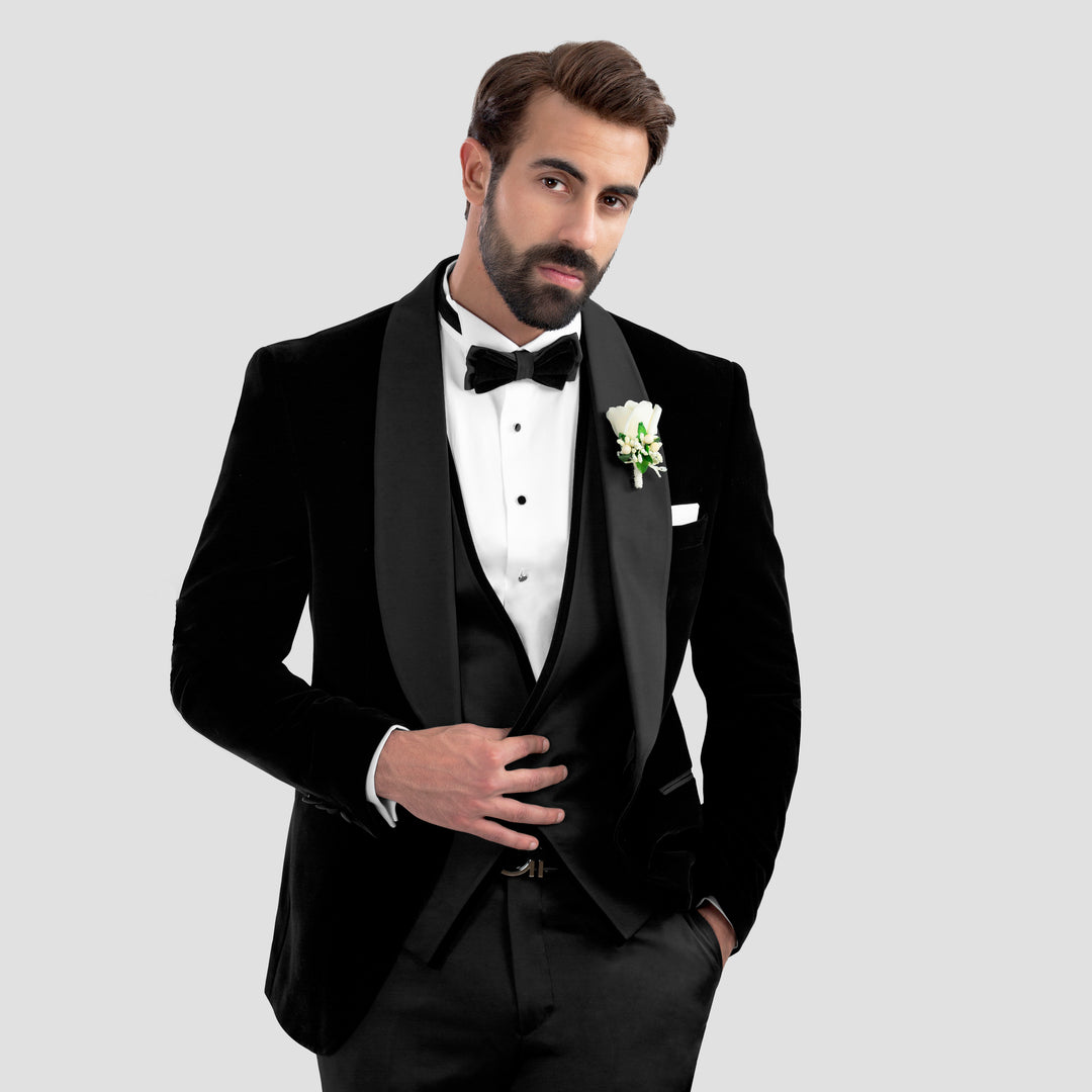 Slim Fit Black Wedding Velvet Suit-Turkish Made