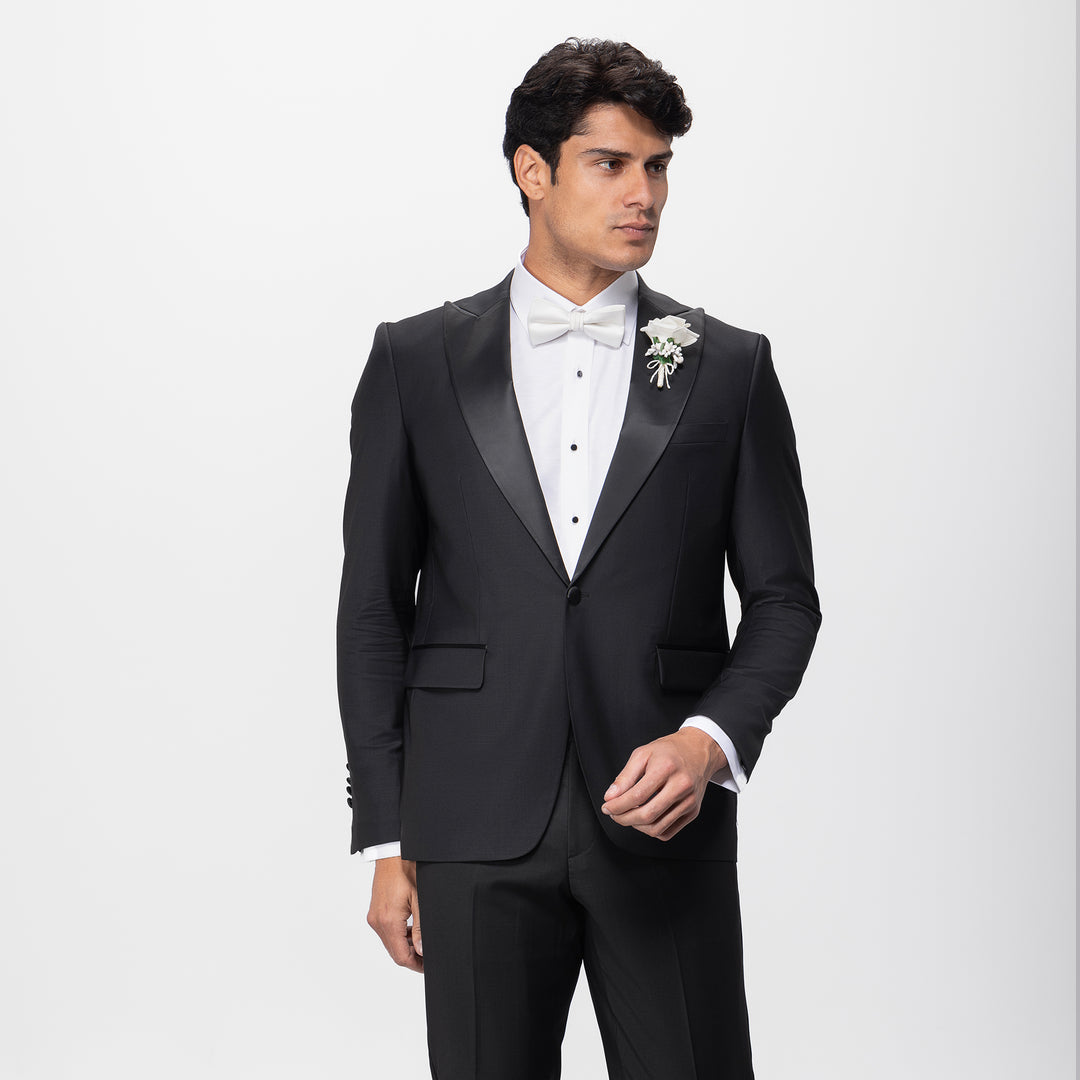 Slim Fit Black Wool Wedding Suit- Two Pieces - Turkish Made


