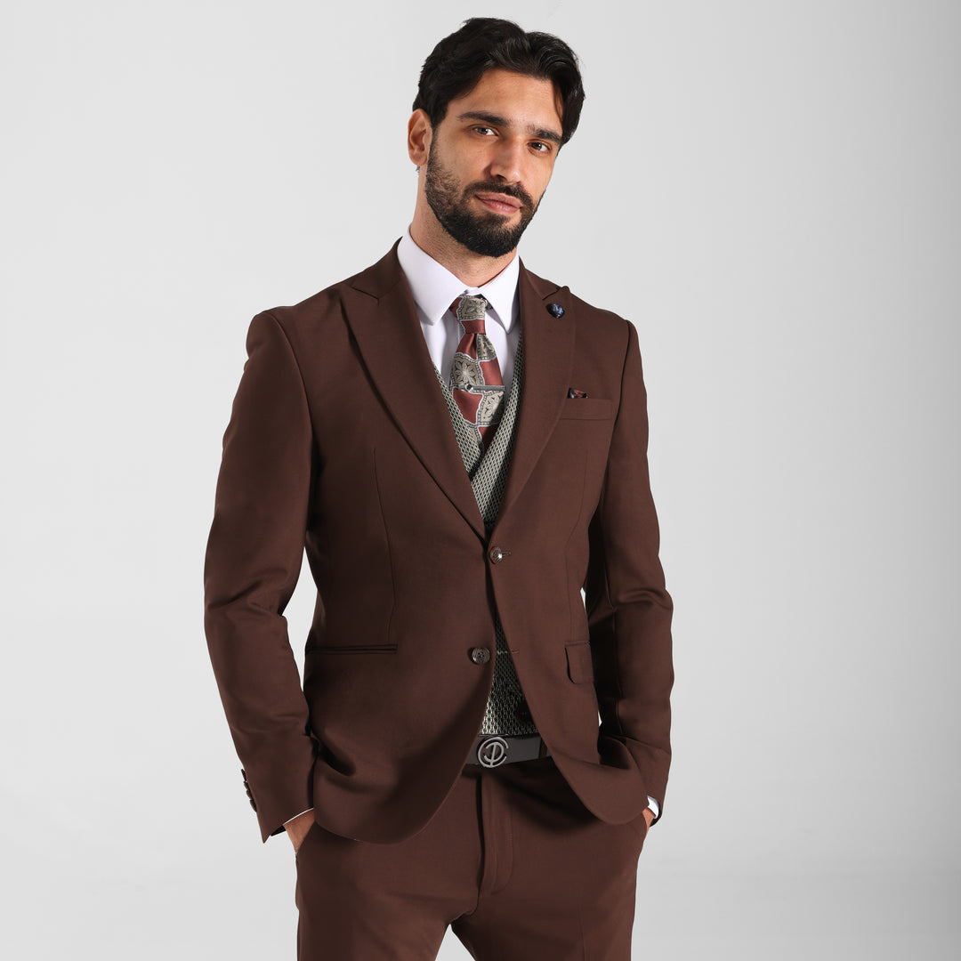 Slim Fit Brown Smart Suit -Vest double breasted -Turkish Made