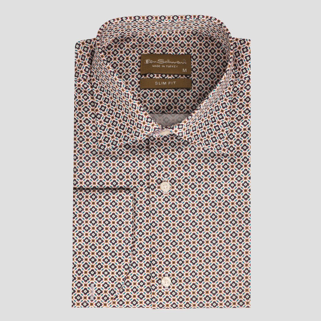 Slim Fit Cotton Shirt - Chain Pattern-Turkish Made