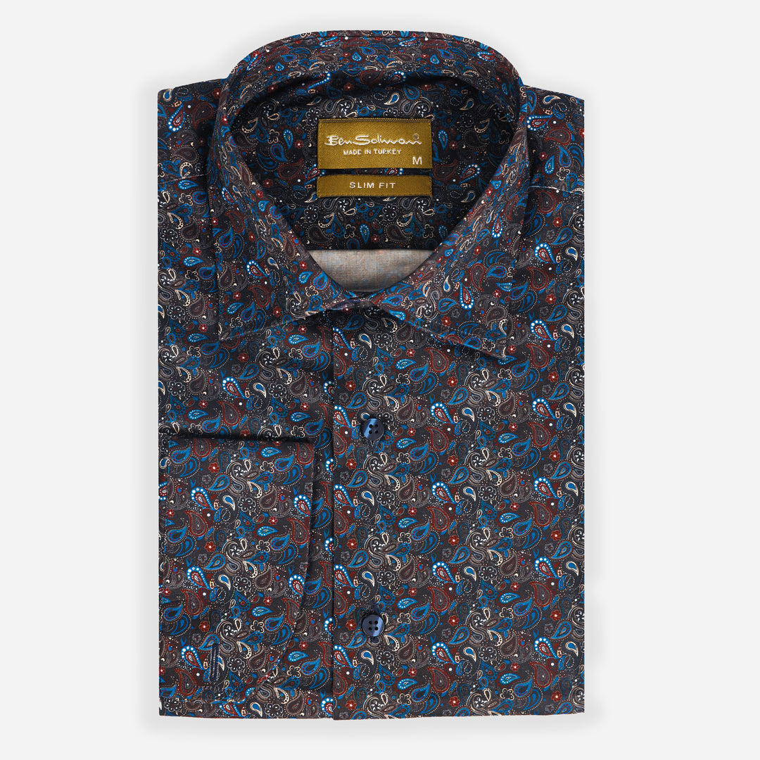 Slim Fit Cotton Shirt - Paisley Pattern-Turkish Made