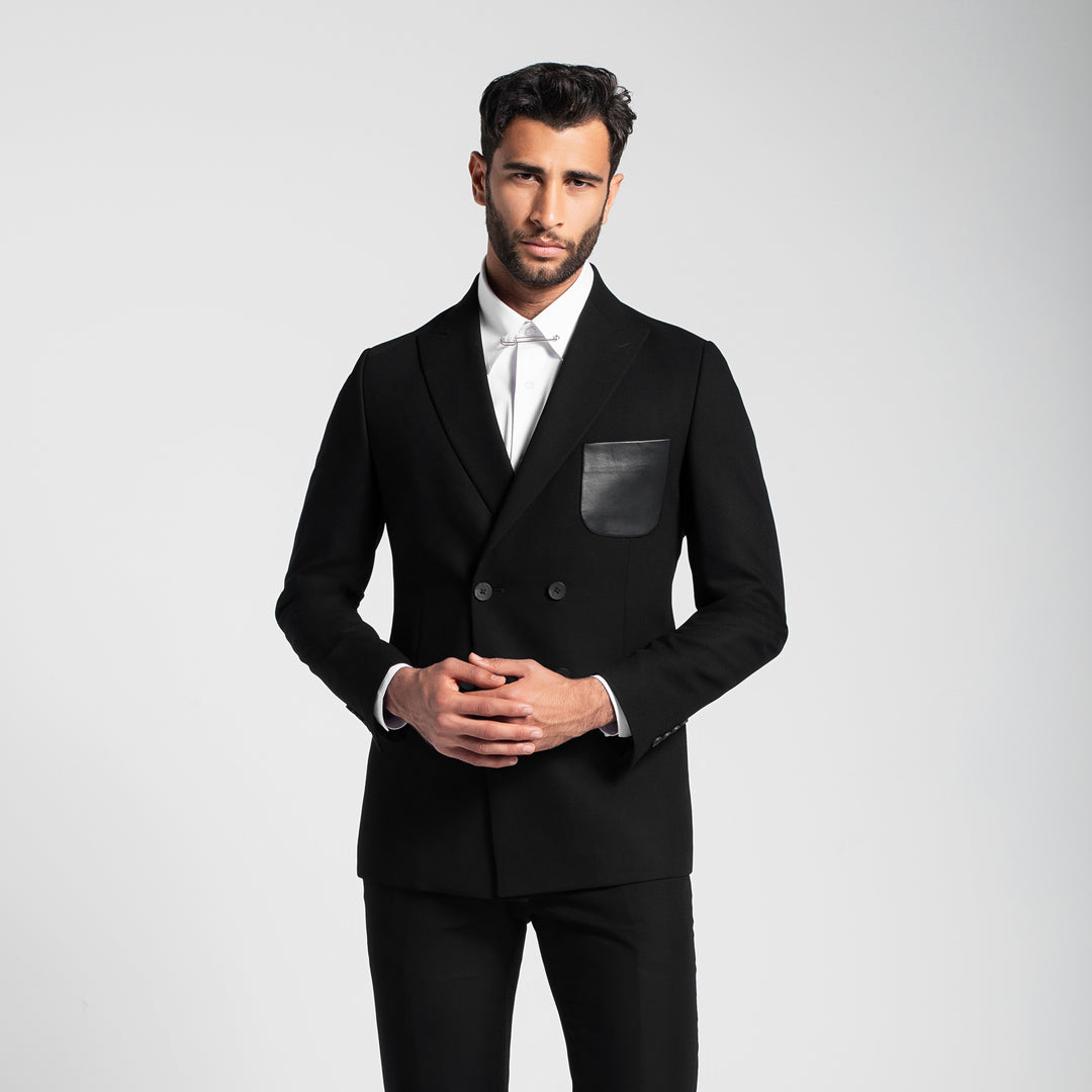 Slim Fit Double Breasted Black Smart Suit-Turkish Made