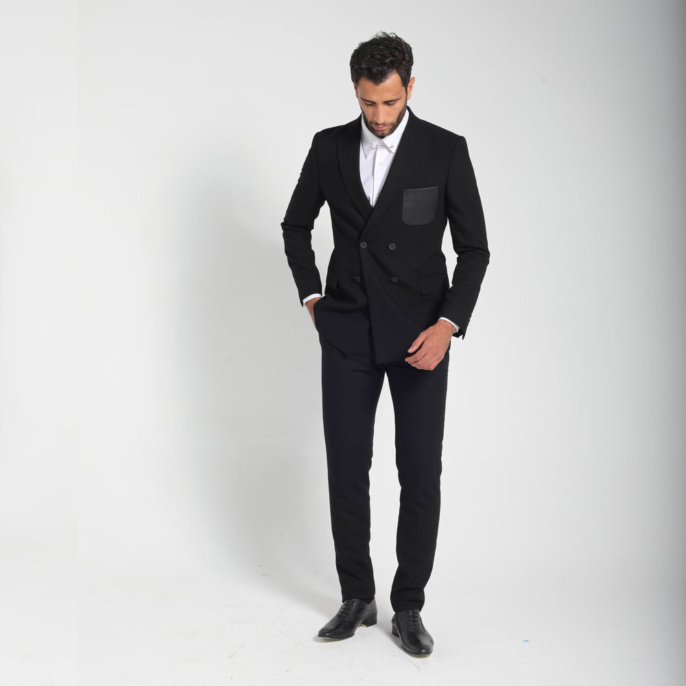 Slim Fit Double Breasted Black Smart Suit-Turkish Made