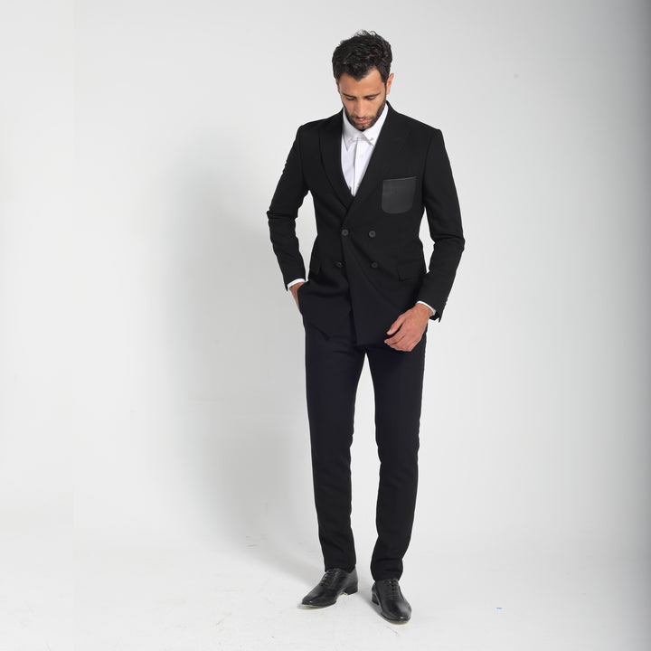 Slim Fit Double Breasted Black Smart Suit-Turkish Made
