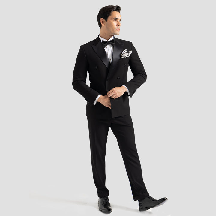 Slim Fit Double Breasted Black Wedding Suit - peak Lapel - Turkish Made
