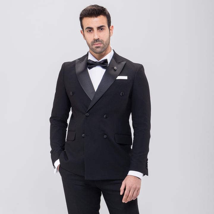 Slim Fit Double Breasted Black Wedding Suit - Notch Satin Lapel-Turkish Made