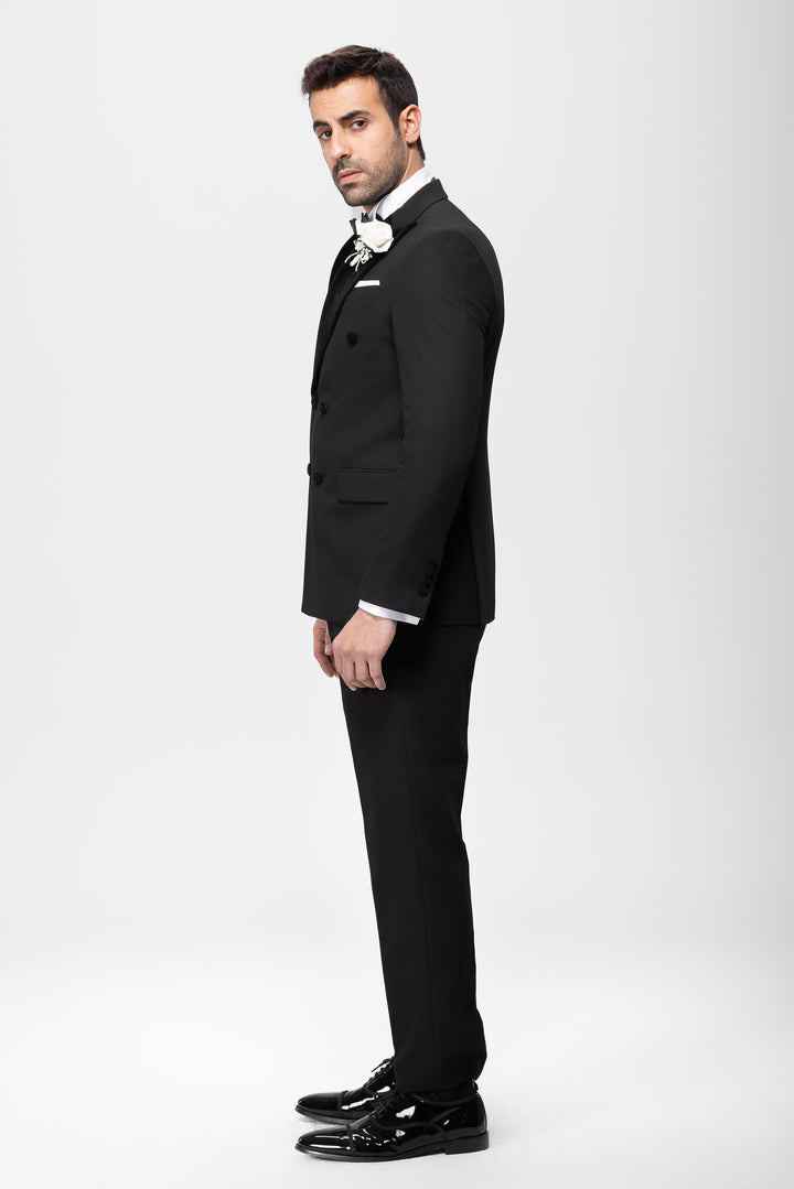 Slim Fit Double Breasted Black Wedding Suit - Notch Velvet Lapel-Turkish Made

