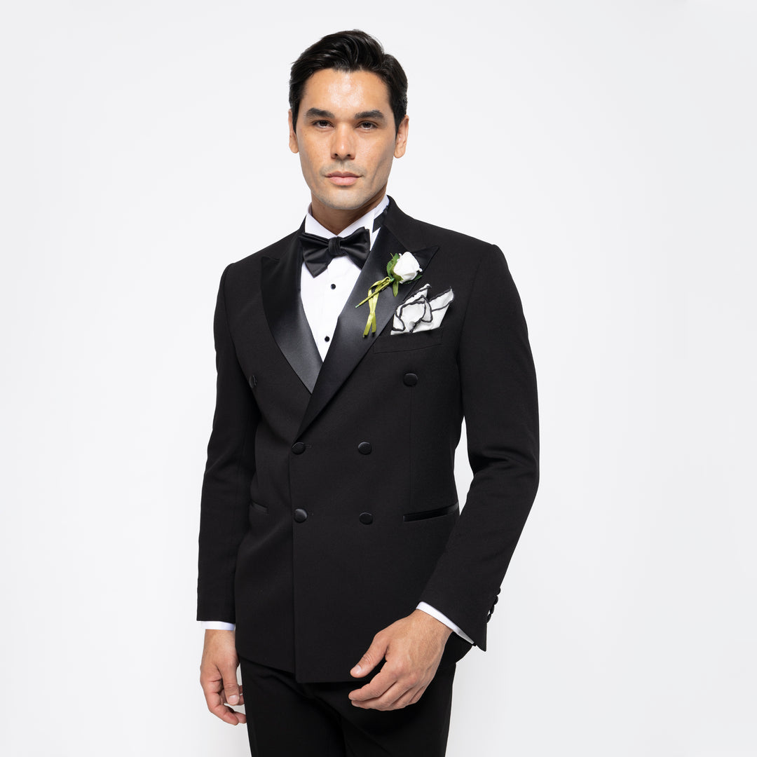 Slim Fit Double Breasted Black Wedding Suit - peak Lapel - Turkish Made