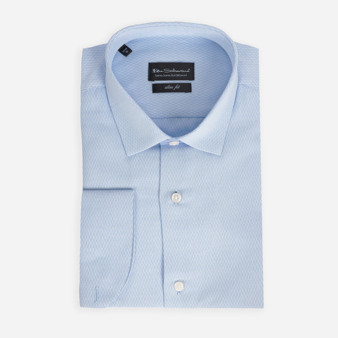 Slim Fit Light Blue Cotton Formal Shirt - Chevron Pattern-Turkish Made