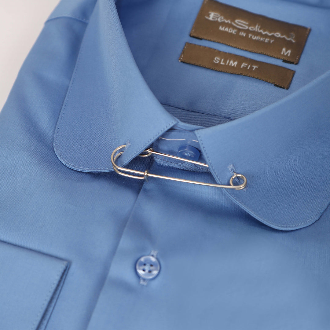 Slim Fit Light Blue Cotton Shirt - Pin Collar-Turkish Made