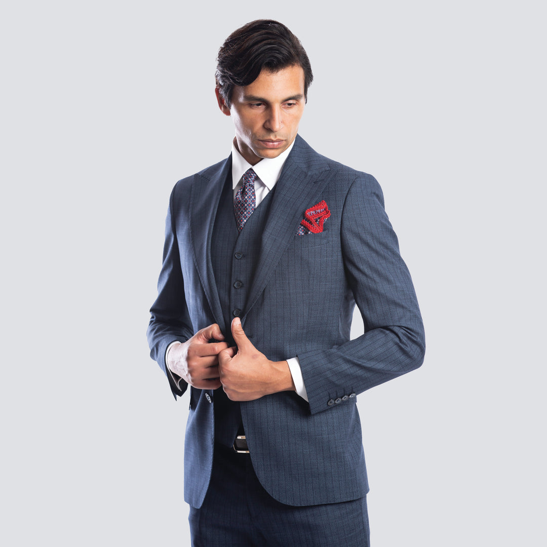 Slim Fit Navy Striped Formal Suit-Turkish Made