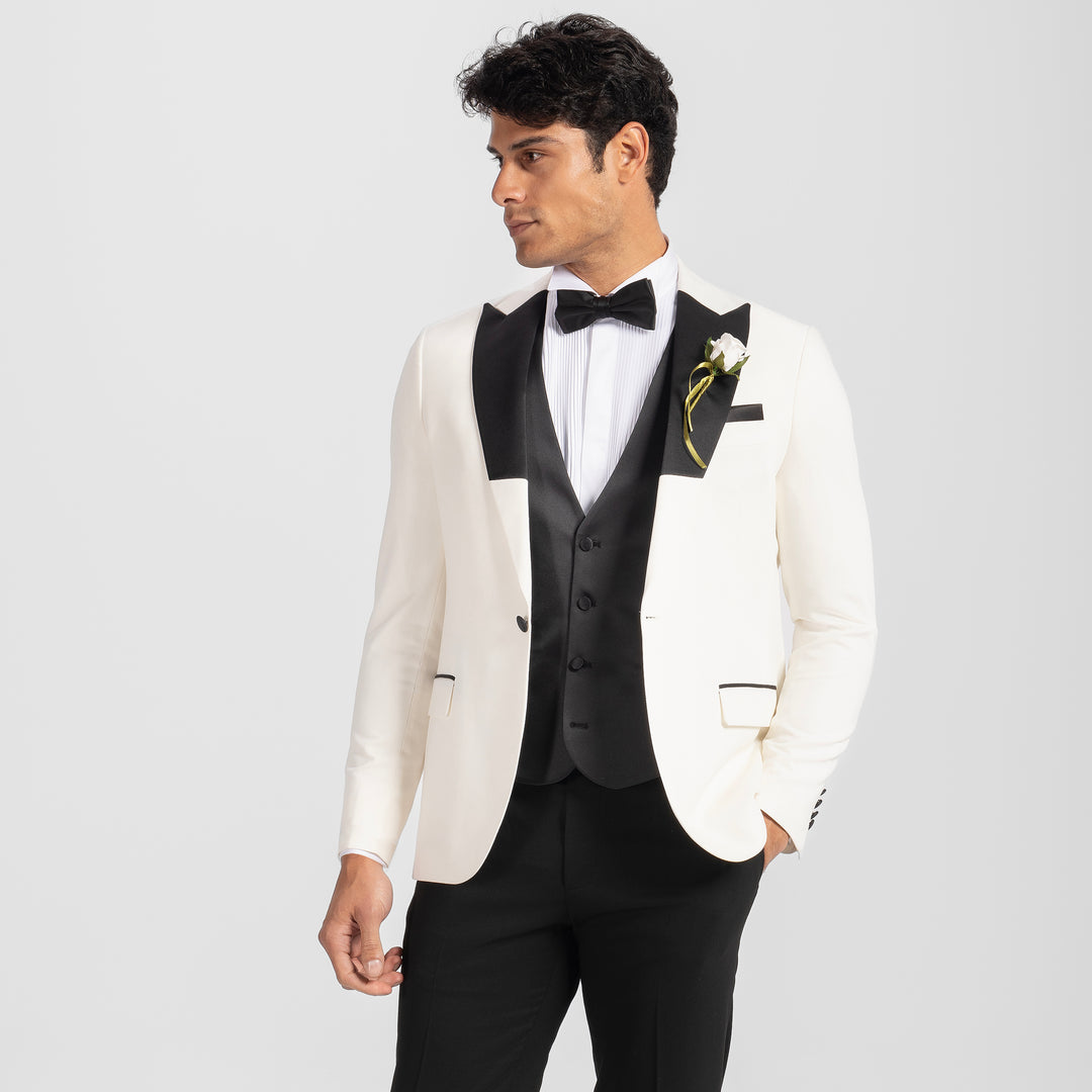 Slim Fit Off White Wedding jacket - Black and White peak Lapel -Turkish Made
