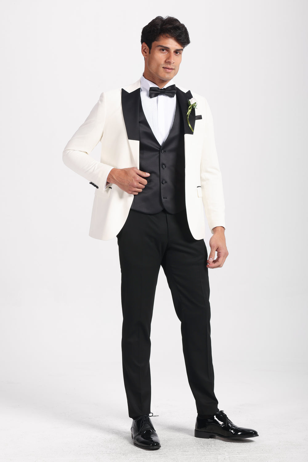 Slim Fit Off White Wedding jacket - Black and White peak Lapel -Turkish Made