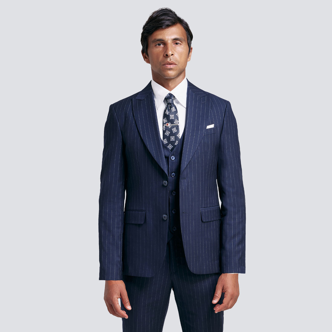 Slim Fit Striped Navy Formal Suit - Three Pieces-Turkish Made